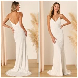 Lulus Small Cherished Vow White Beaded Backless Mermaid Wedding Dress NWOT